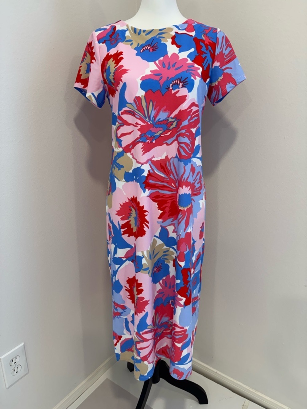 Jude Connally Ella Floral Midi Dress Nylon Short Sleeve Colorful Resort Beach S
